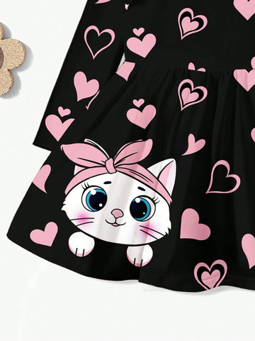 Sweet Cat & Heart Print, Young Girl Cute Bow Cartoon Print Fashionable Long Sleeve Dress, Suitable For Autumn/Winter