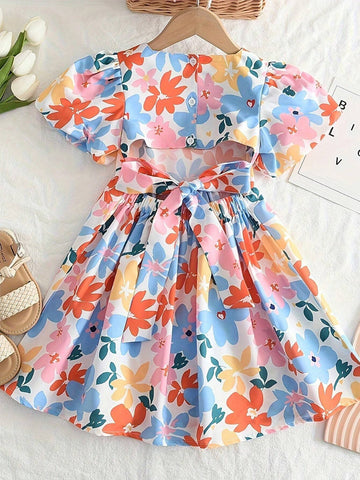 Sweet Girls Flower Pattern Bow Decor Short Sleeve Party Dress, Summer
