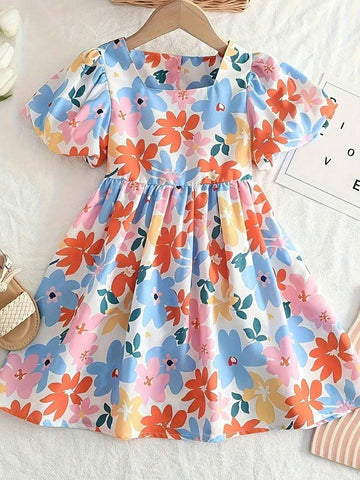 Sweet Girls Flower Pattern Bow Decor Short Sleeve Party Dress, Summer