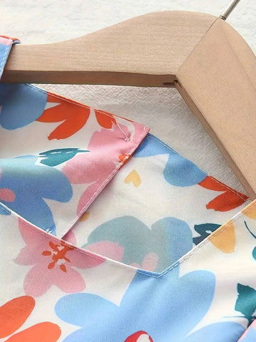 Sweet Girls Flower Pattern Bow Decor Short Sleeve Party Dress, Summer