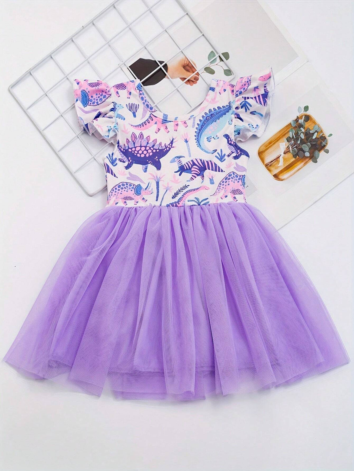Sweet Girls Splicing Cartoon Dino Graphic Ruffle Sleeve Tutu Dress Spring Summer