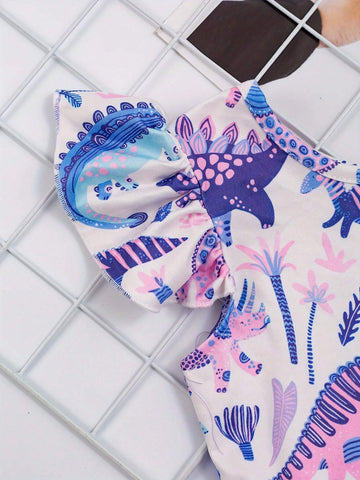 Sweet Girls Splicing Cartoon Dino Graphic Ruffle Sleeve Tutu Dress Spring Summer