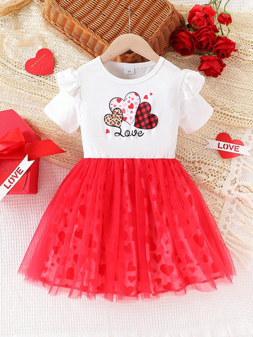 Sweet Heart Print Layered Mesh Cap Sleeve Princess Dress Young Girl 4-7T
