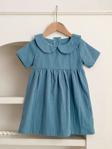 Sweet Peter Pan Collar Summer Princess Girls' Solid Color Dress