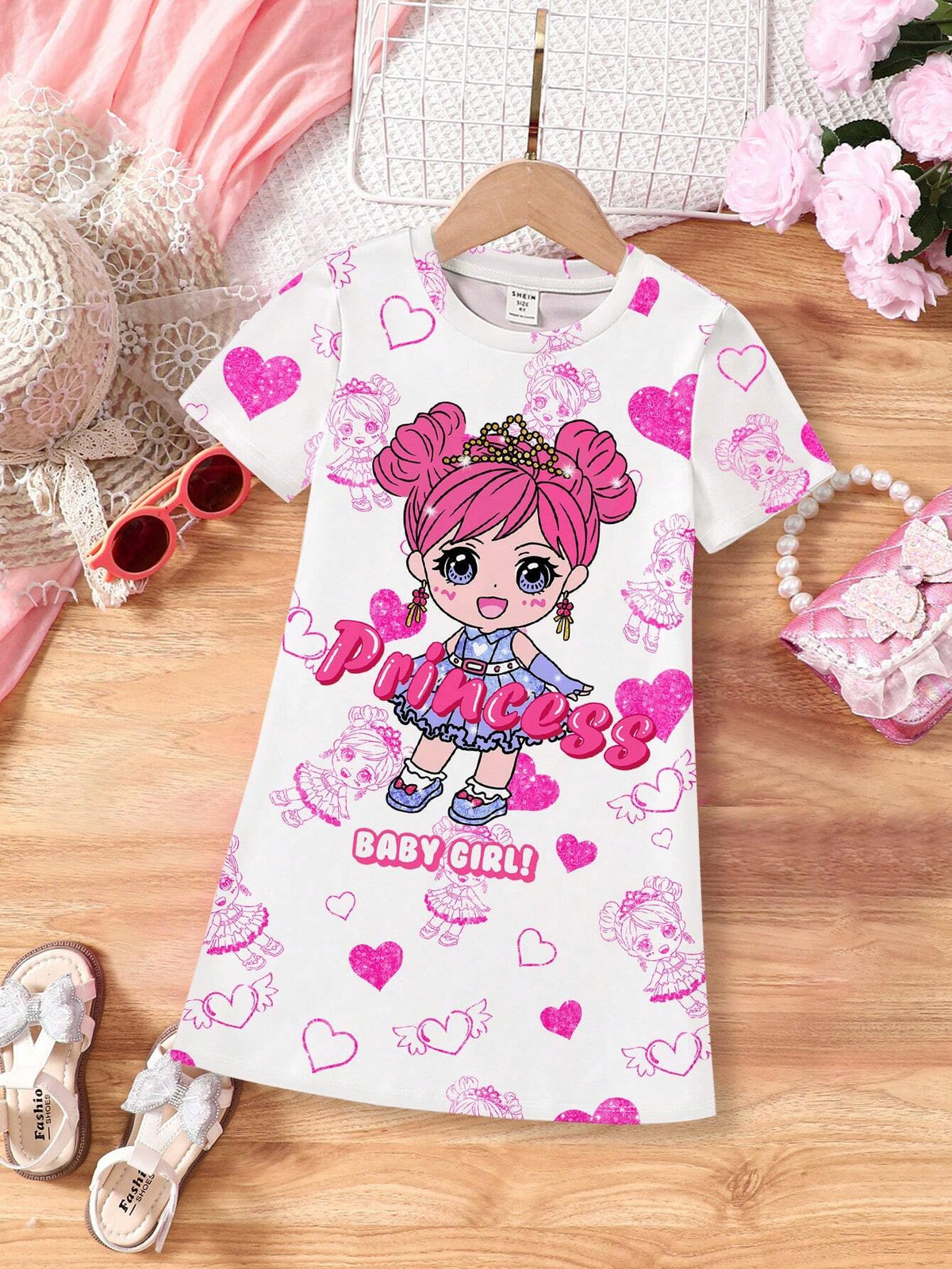 Sweet Princess & Heart Graphic, Young Girl Casual Simple Cartoon Short Sleeve Midi Dress, Suitable For Summer