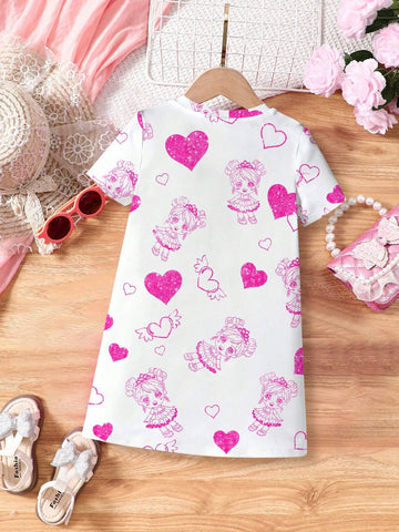 Sweet Princess & Heart Graphic, Young Girl Casual Simple Cartoon Short Sleeve Midi Dress, Suitable For Summer