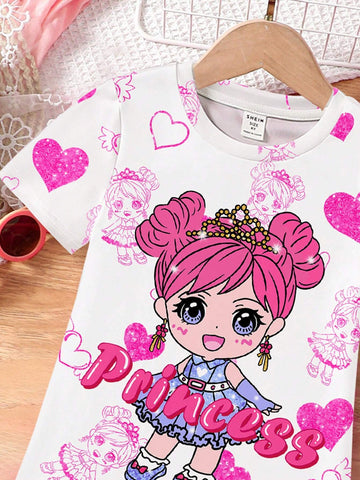 Sweet Princess & Heart Graphic, Young Girl Casual Simple Cartoon Short Sleeve Midi Dress, Suitable For Summer