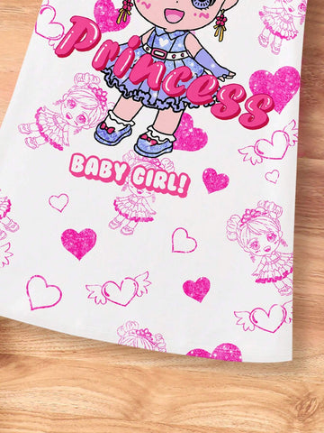 Sweet Princess & Heart Graphic, Young Girl Casual Simple Cartoon Short Sleeve Midi Dress, Suitable For Summer