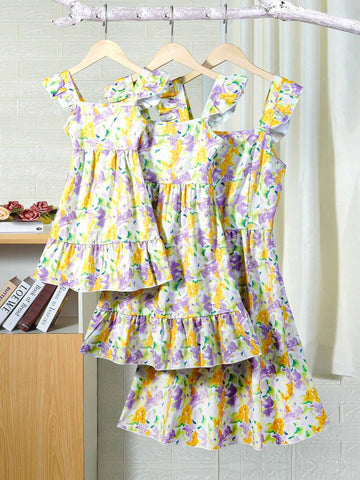 Sweet Slim-Fit Backless Ribbon Strap Cap Sleeve Printed Dress For Toddler Girls, Mommy And Me Matching Outfits (3 Pieces Sold Separately)