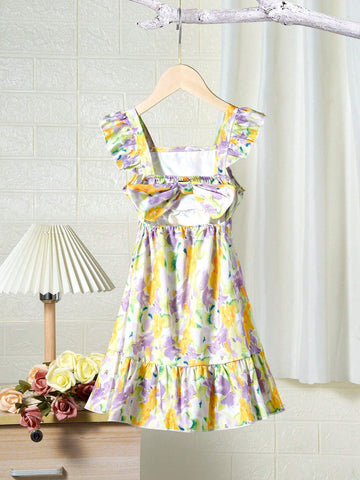 Sweet Slim-Fit Backless Ribbon Strap Cap Sleeve Printed Dress For Toddler Girls, Mommy And Me Matching Outfits (3 Pieces Sold Separately)