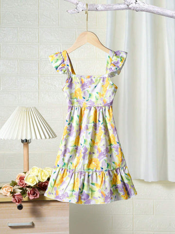 Sweet Slim-Fit Backless Ribbon Strap Cap Sleeve Printed Dress For Toddler Girls, Mommy And Me Matching Outfits (3 Pieces Sold Separately)