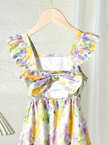 Sweet Slim-Fit Backless Ribbon Strap Cap Sleeve Printed Dress For Toddler Girls, Mommy And Me Matching Outfits (3 Pieces Sold Separately)