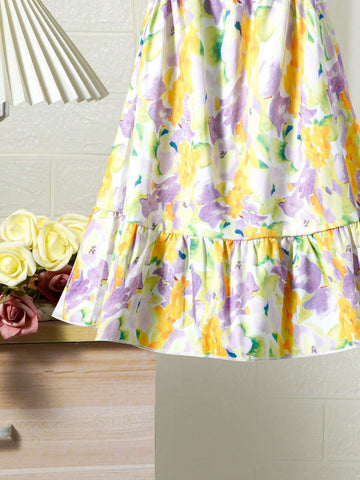 Sweet Slim-Fit Backless Ribbon Strap Cap Sleeve Printed Dress For Toddler Girls, Mommy And Me Matching Outfits (3 Pieces Sold Separately)
