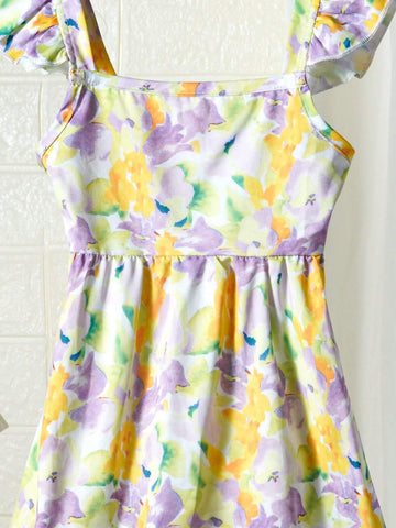 Sweet Slim-Fit Backless Ribbon Strap Cap Sleeve Printed Dress For Toddler Girls, Mommy And Me Matching Outfits (3 Pieces Sold Separately)