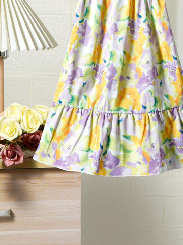 Sweet Slim-Fit Backless Ribbon Strap Cap Sleeve Printed Dress For Toddler Girls, Mommy And Me Matching Outfits (3 Pieces Sold Separately)