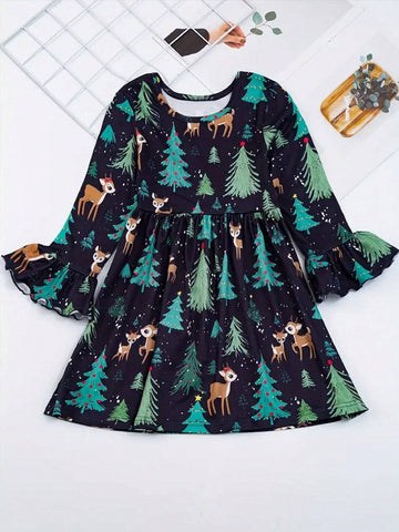 Sweet Snowman Print Crew Neck Dress Girls' Christmas Dress Party Young Girl Clothes