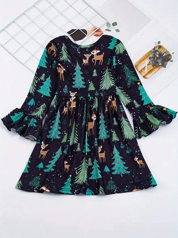 Sweet Snowman Print Crew Neck Dress Girls' Christmas Dress Party Young Girl Clothes