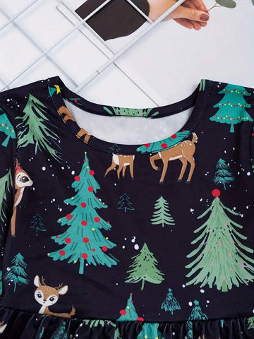 Sweet Snowman Print Crew Neck Dress Girls' Christmas Dress Party Young Girl Clothes