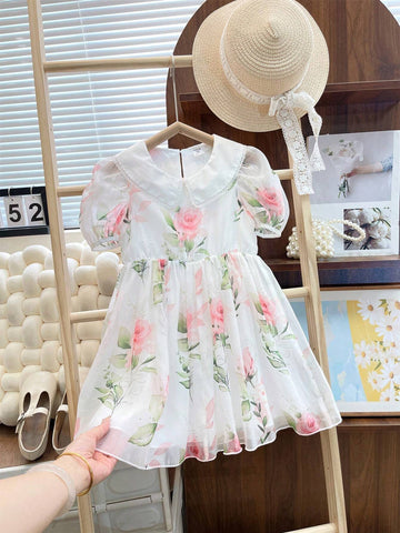 Sweet Vacation Princess Dress For Toddler Girls, Short Sleeves, Doll Collar, Puffy Skirt, Floral Print & Lace Trim