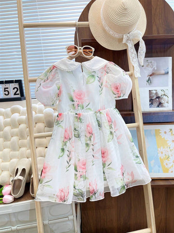 Sweet Vacation Princess Dress For Toddler Girls, Short Sleeves, Doll Collar, Puffy Skirt, Floral Print & Lace Trim