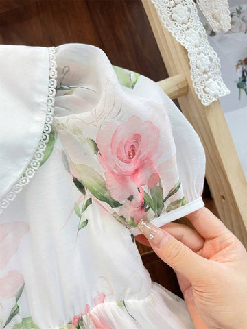 Sweet Vacation Princess Dress For Toddler Girls, Short Sleeves, Doll Collar, Puffy Skirt, Floral Print & Lace Trim