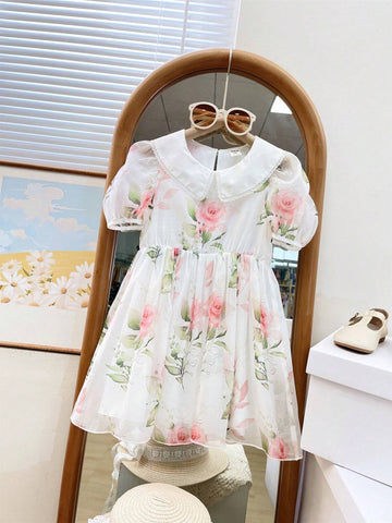 Sweet Vacation Princess Dress For Toddler Girls, Short Sleeves, Doll Collar, Puffy Skirt, Floral Print & Lace Trim