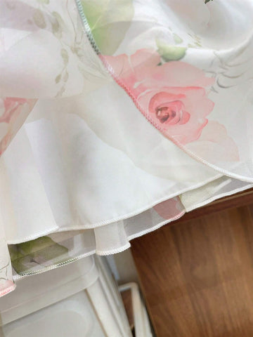 Sweet Vacation Princess Dress For Toddler Girls, Short Sleeves, Doll Collar, Puffy Skirt, Floral Print & Lace Trim