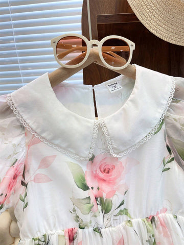 Sweet Vacation Princess Dress For Toddler Girls, Short Sleeves, Doll Collar, Puffy Skirt, Floral Print & Lace Trim