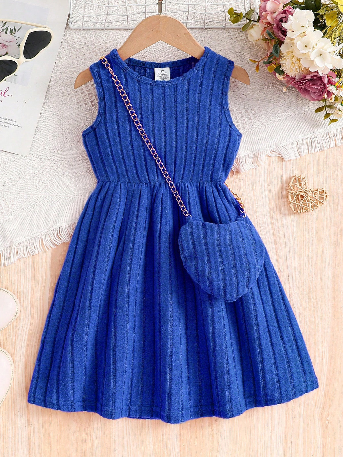 Sweet & Cute Girls Summer Casual Dress, Young Girl Solid Ribbed Knit Sleeveless Princess Style Dress