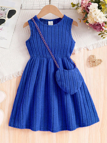 Sweet & Cute Girls Summer Casual Dress, Young Girl Solid Ribbed Knit Sleeveless Princess Style Dress