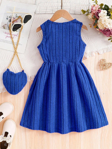 Sweet & Cute Girls Summer Casual Dress, Young Girl Solid Ribbed Knit Sleeveless Princess Style Dress
