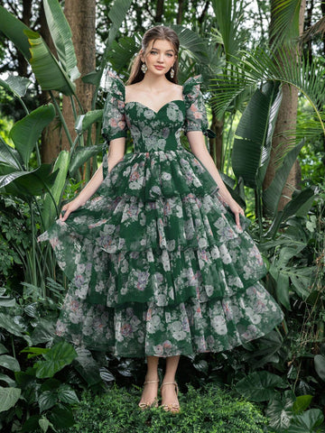Sweetheart Collar Puff Sleeves Floral Organza Party Dress