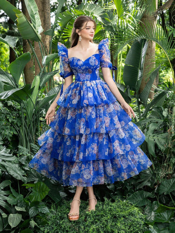 Sweetheart Collar Puff Sleeves Floral Organza Party Dress
