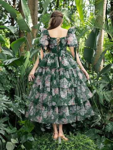 Sweetheart Collar Puff Sleeves Floral Organza Party Dress