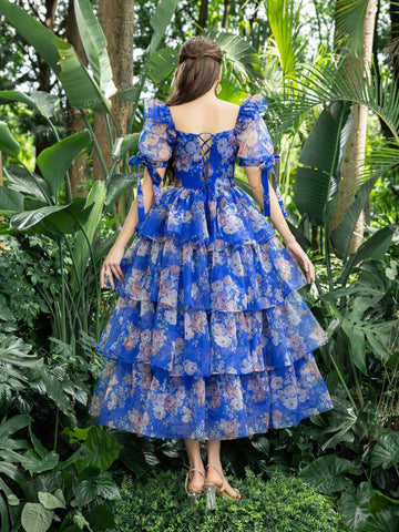 Sweetheart Collar Puff Sleeves Floral Organza Party Dress