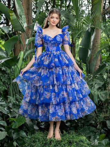 Sweetheart Collar Puff Sleeves Floral Organza Party Dress