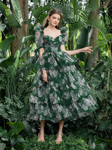 Sweetheart Collar Puff Sleeves Floral Organza Party Dress