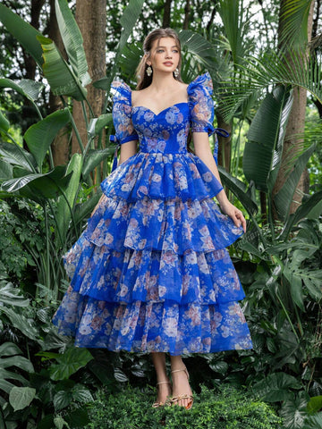 Sweetheart Collar Puff Sleeves Floral Organza Party Dress
