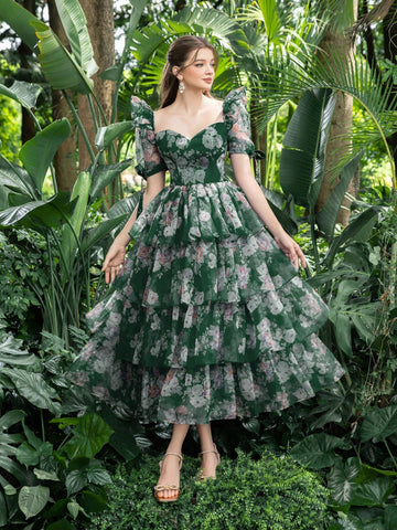 Sweetheart Collar Puff Sleeves Floral Organza Party Dress