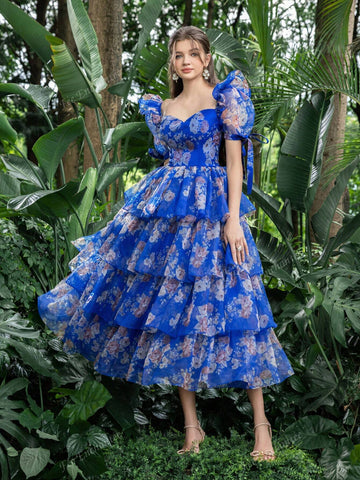Sweetheart Collar Puff Sleeves Floral Organza Party Dress
