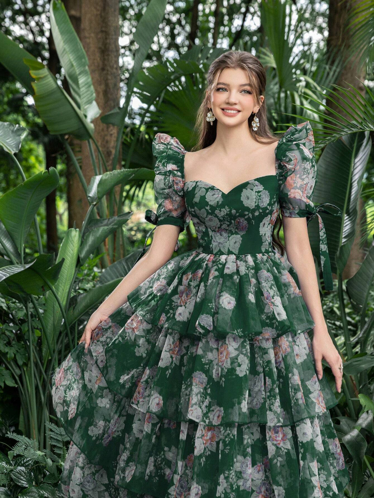 Sweetheart Collar Puff Sleeves Floral Organza Party Dress