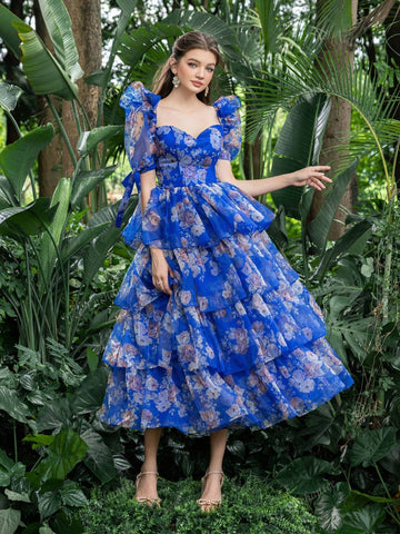 Sweetheart Collar Puff Sleeves Floral Organza Party Dress