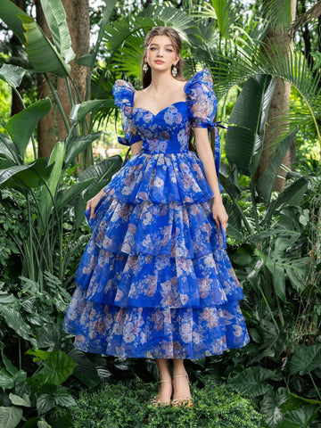 Sweetheart Collar Puff Sleeves Floral Organza Party Dress
