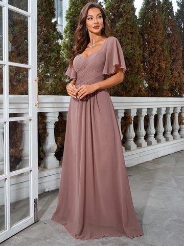 Sweetheart Neck Butterfly Sleeve Chiffon Bridesmaid Dress