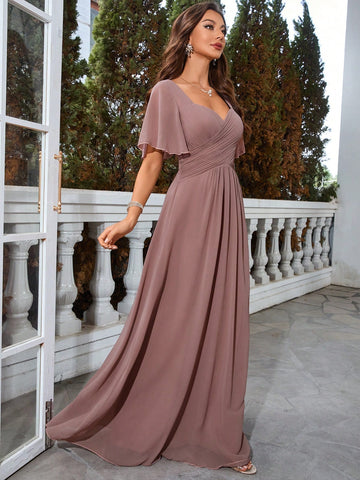 Sweetheart Neck Butterfly Sleeve Chiffon Bridesmaid Dress