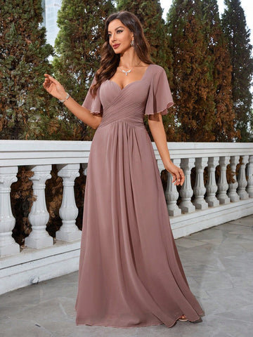 Sweetheart Neck Butterfly Sleeve Chiffon Bridesmaid Dress