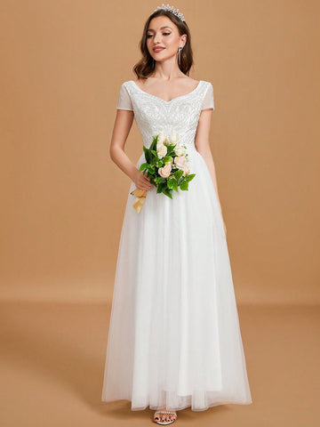 Sweetheart Neck Contrast Sequin Mesh Maxi Wedding Dress