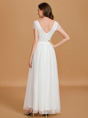 Sweetheart Neck Contrast Sequin Mesh Maxi Wedding Dress