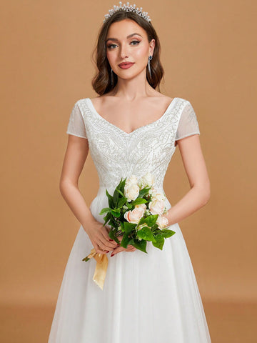 Sweetheart Neck Contrast Sequin Mesh Maxi Wedding Dress