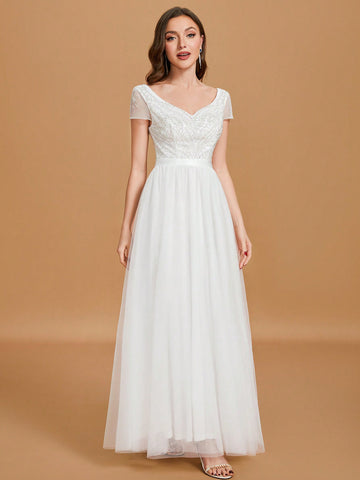 Sweetheart Neck Contrast Sequin Mesh Maxi Wedding Dress
